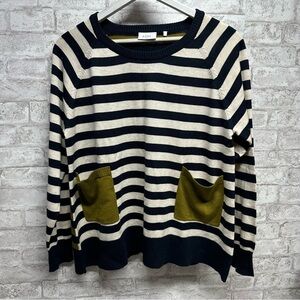Foil navy mix sweater women’s large green white striped pockets long sleeve wool